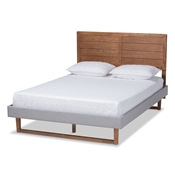 Baxton Studio Claudia Rustic Modern Light Grey Fabric Upholstered and Walnut Brown Finished Wood Queen Size Platform Bed